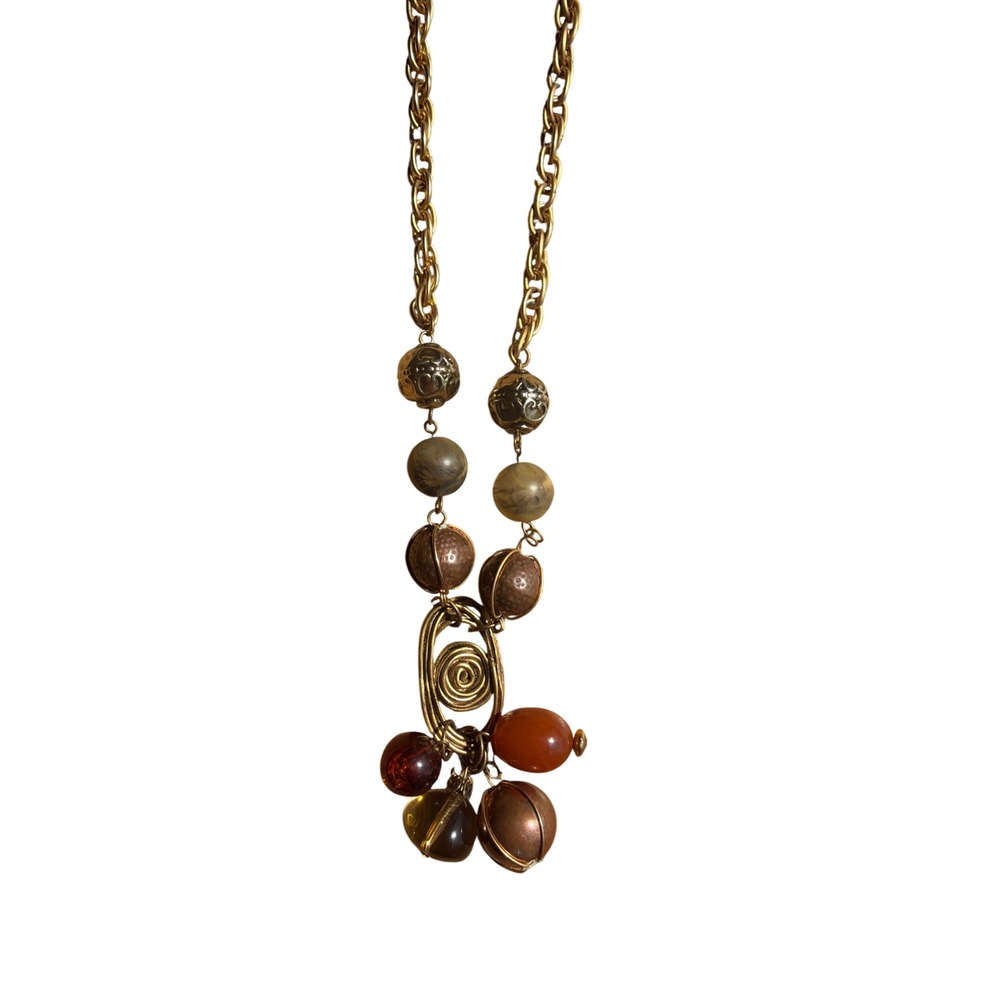 Vintage Boho Gold Tone Long Beaded Necklace Wire Wrapped Spiral Earthy Layering